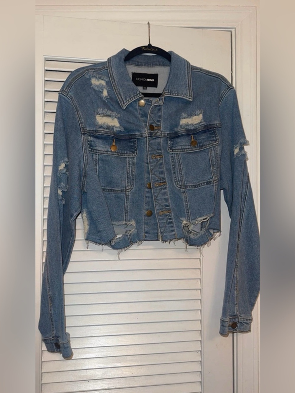 Fashion Nova Cropped Distressed Denim Jacket - Light Blue